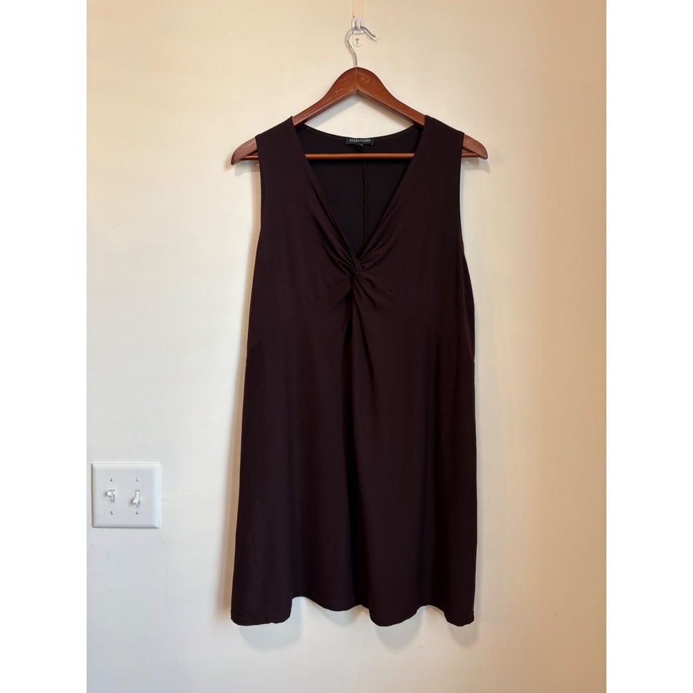 Eileen Fisher Dark Plum Twist Front V-Neck Sleeveless Tunic Dress Large
